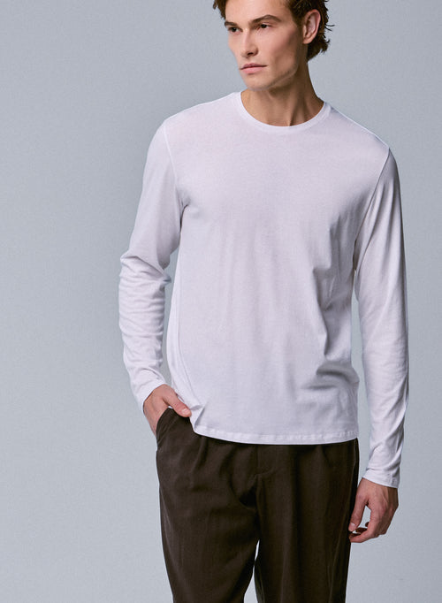 T-shirt Blanc Henry Col Rond Manches Longues en Coton organique et Elasthanne - MAJESTIC FILATURES
