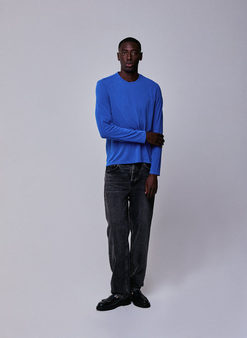 T-shirt Bleu Col Rond Manches Longues en Coton organique / Elasthanne - MAJESTIC FILATURES