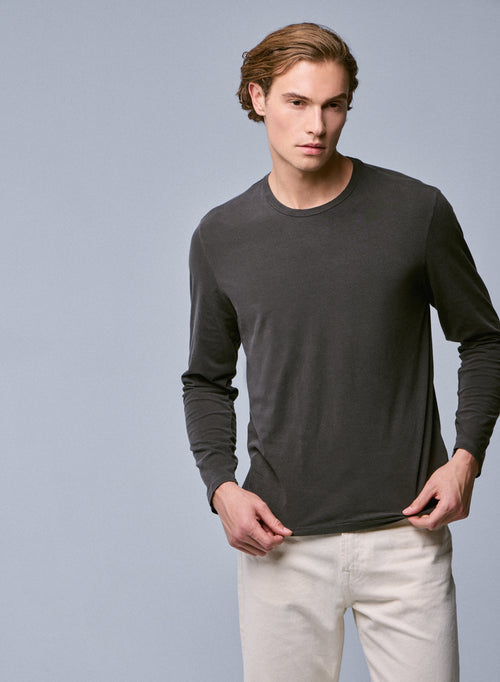 Braunes Langarm-T-Shirt mit Rundhalsausschnitt aus Bio-Baumwolle / Elasthan - MAJESTIC FILATURES