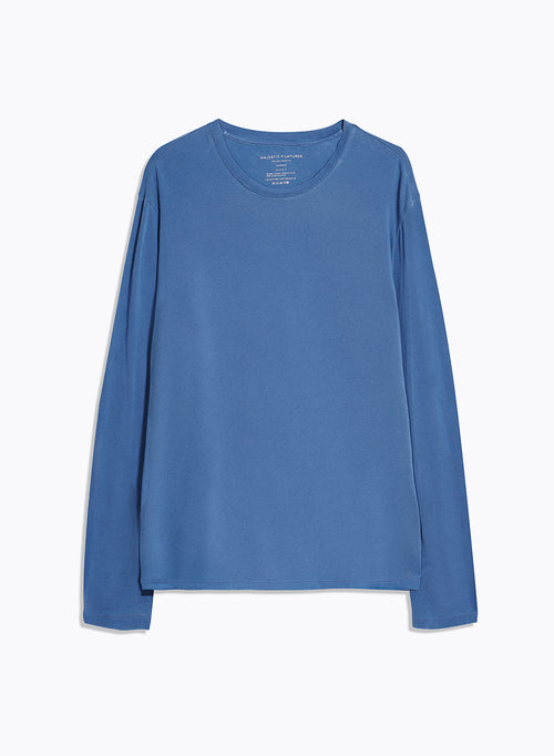 Blaues T-Shirt mit Rundhalsausschnitt und langen Ärmeln aus organischer Baumwolle - MAJESTIC FILATURES