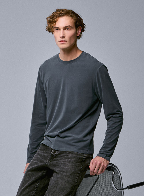 Graues Langarm-T-Shirt mit Rundhalsausschnitt aus Bio-Baumwolle / Elasthan - MAJESTIC FILATURES