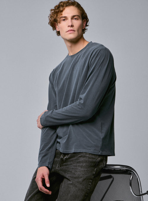 Graues Langarm-T-Shirt mit Rundhalsausschnitt aus Bio-Baumwolle / Elasthan - MAJESTIC FILATURES