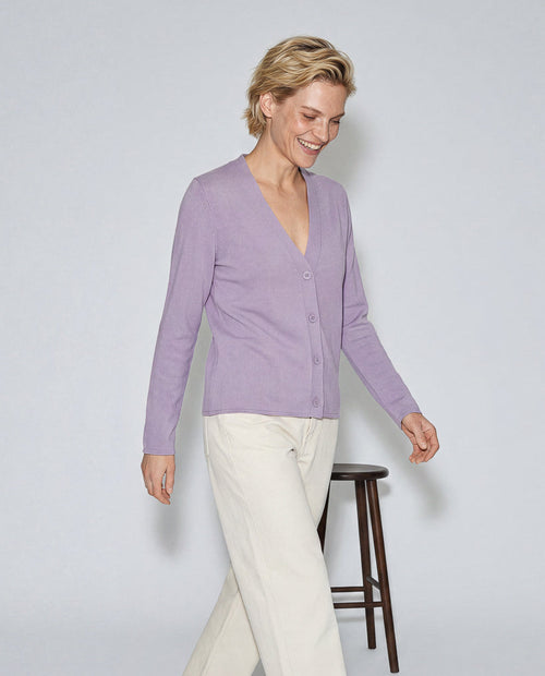 Gilet Violet Clair Col V Manches Longues en Cachemire - MAJESTIC FILATURES