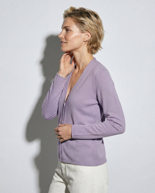 Gilet Violet Clair Col V Manches Longues en Cachemire - MAJESTIC FILATURES
