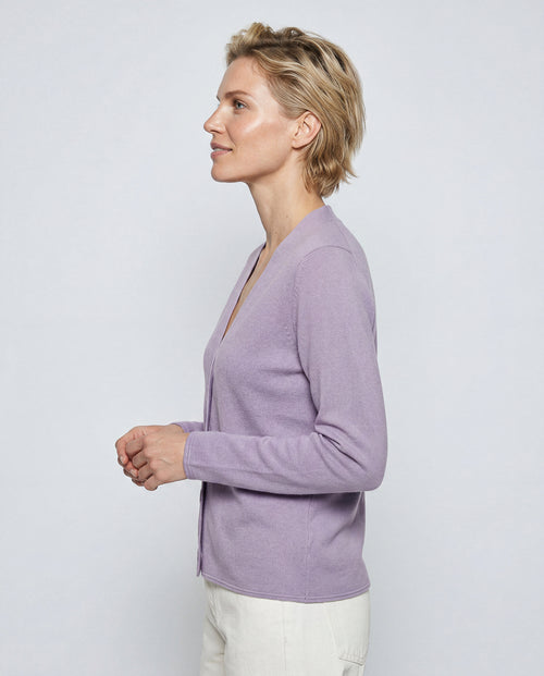 Gilet Violet Clair Col V Manches Longues en Cachemire - MAJESTIC FILATURES