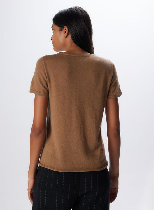 T-shirt Camel Col Rond Manches Courtes en Cachemire - MAJESTIC FILATURES