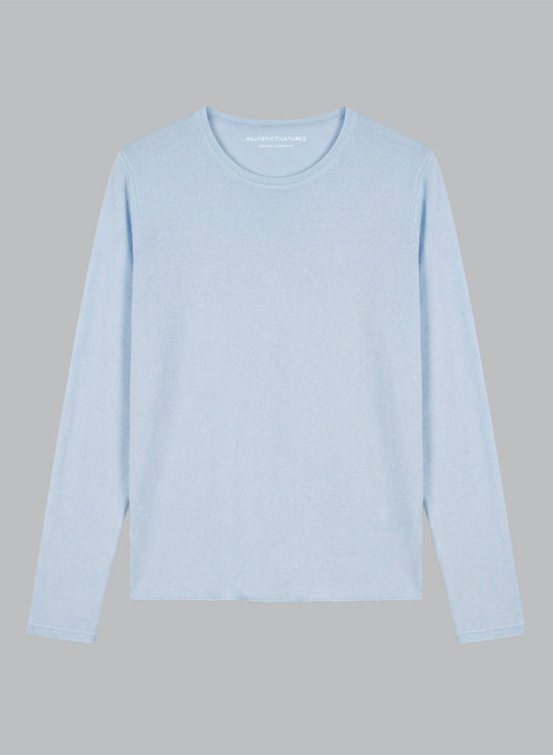 T-shirt Bleu Clair Col Rond Manches Longues en Cachemire - MAJESTIC FILATURES