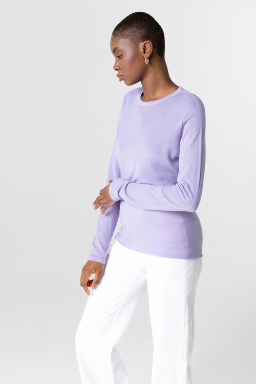 T-shirt Violet Clair Col Rond Manches Longues en Cachemire - MAJESTIC FILATURES