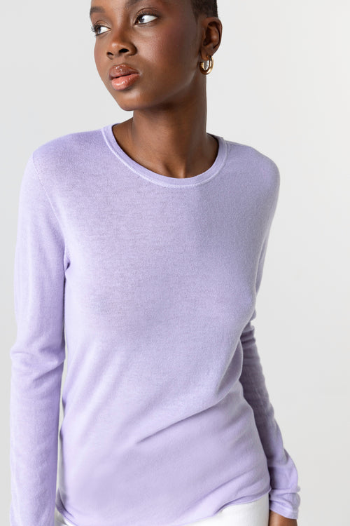 T-shirt Violet Clair Col Rond Manches Longues en Cachemire - MAJESTIC FILATURES