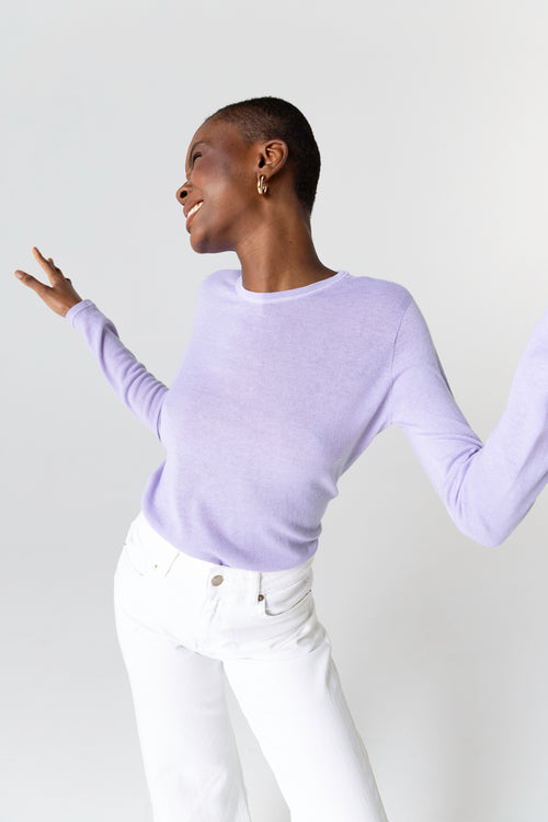 T-shirt Violet Clair Col Rond Manches Longues en Cachemire - MAJESTIC FILATURES