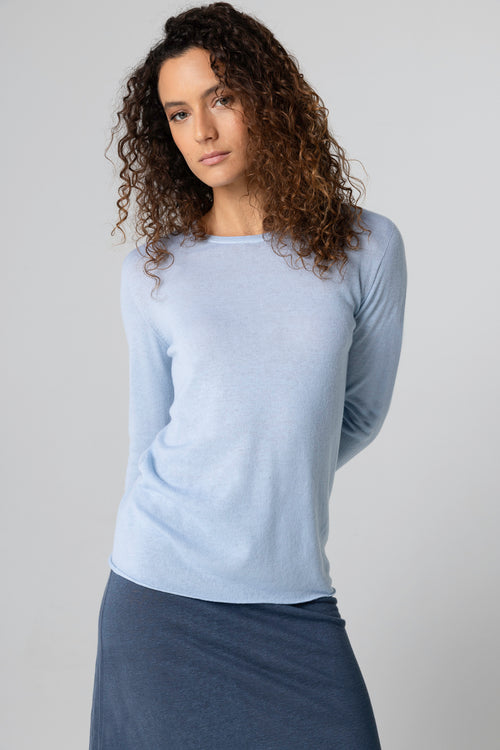 T-shirt Bleu Clair Col Rond Manches Longues en Cachemire - MAJESTIC FILATURES