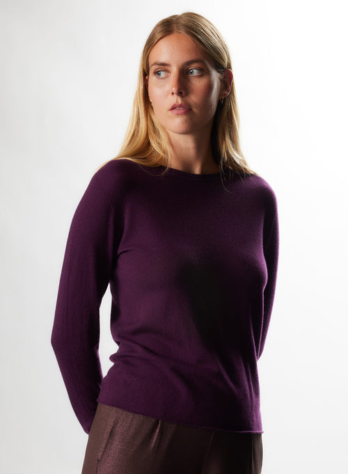 T-shirt Aubergine Col Rond Manches Longues en Cachemire - MAJESTIC FILATURES