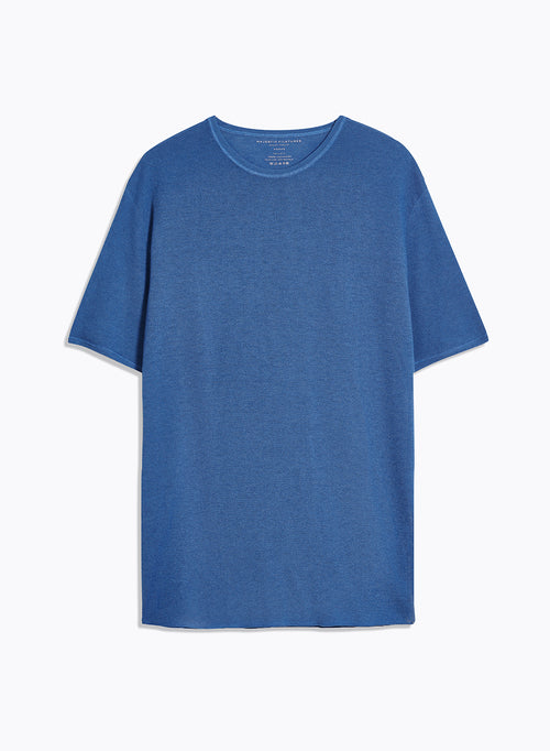 T-shirt Bleu Col Rond Manches Courtes en Cachemire - MAJESTIC FILATURES