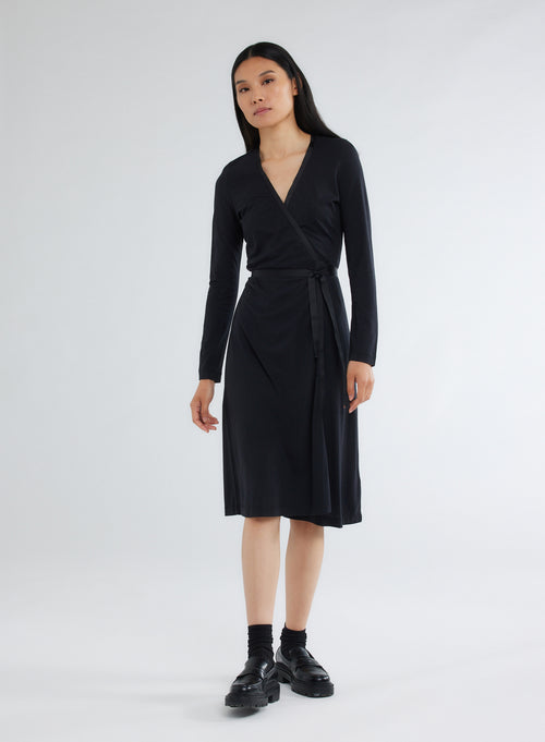 Robe Noir Cache cœur Manches Longues en Coton et Lyocell - MAJESTIC FILATURES