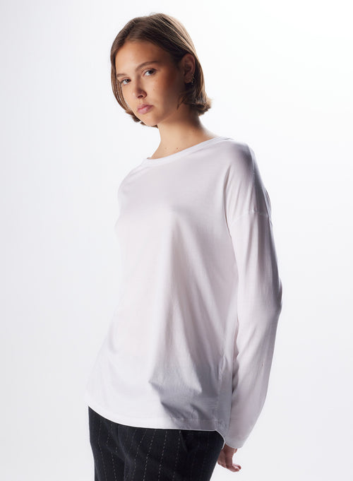 T-shirt Blanc Col Bateau Manches Longues en Lyocell / Tencel / Coton - MAJESTIC FILATURES