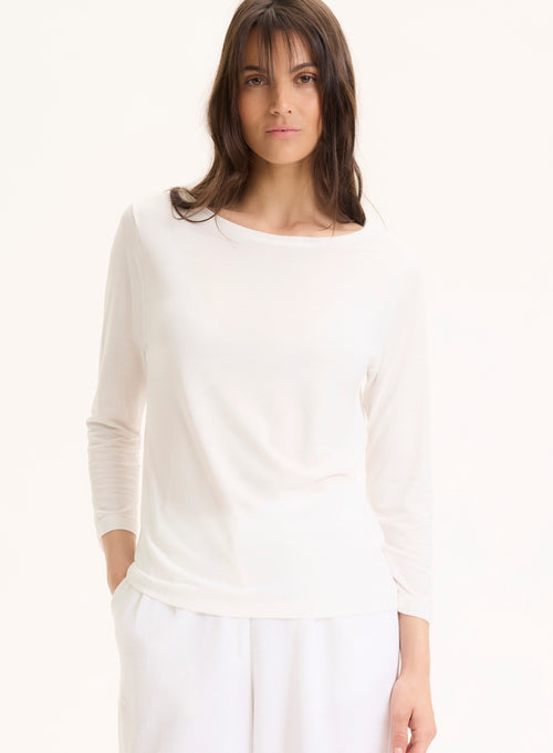 Weißes T-Shirt mit U-Boot-Ausschnitt Dreiviertelärmel aus Lyocell / Tencel / Bio-Baumwolle - MAJESTIC FILATURES