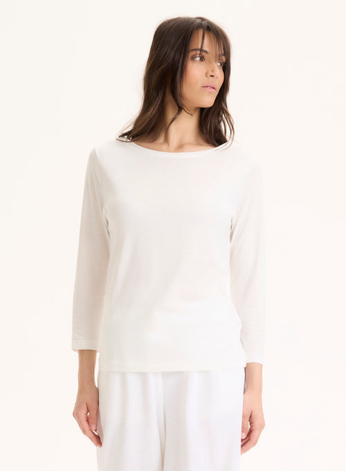 Weißes T-Shirt mit U-Boot-Ausschnitt Dreiviertelärmel aus Lyocell / Tencel / Bio-Baumwolle - MAJESTIC FILATURES