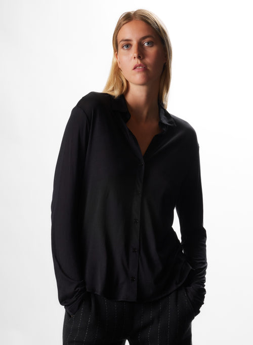 Chemise Noir Manches Longues en Soie / Coton - MAJESTIC FILATURES