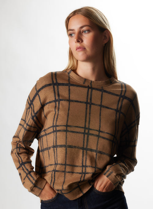 Kamelfarbenes langärmeliges Sweatshirt aus Baumwolle / Kaschmir mit Rundhalsausschnitt - MAJESTIC FILATURES