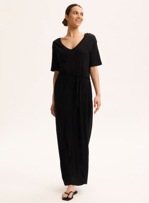 Robe Noir Col V Manches Courtes - MAJESTIC FILATURES