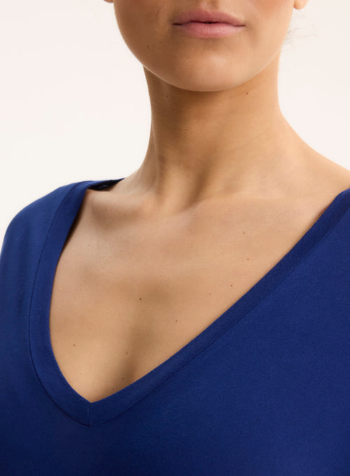 Robe Bleu Col V Manches Courtes - MAJESTIC FILATURES