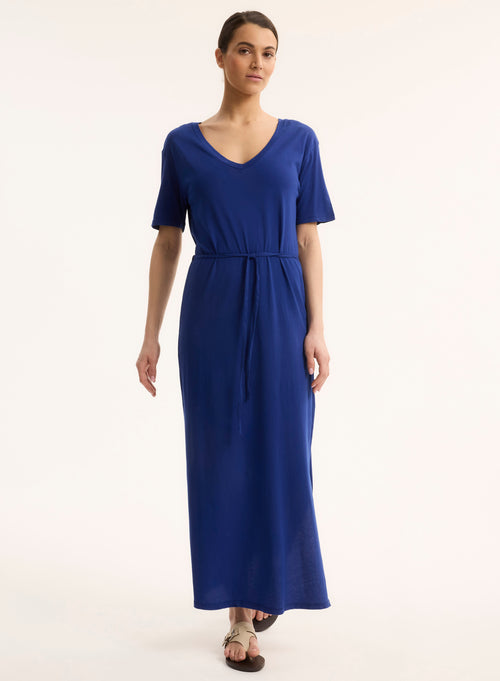 Robe Bleu Col V Manches Courtes - MAJESTIC FILATURES