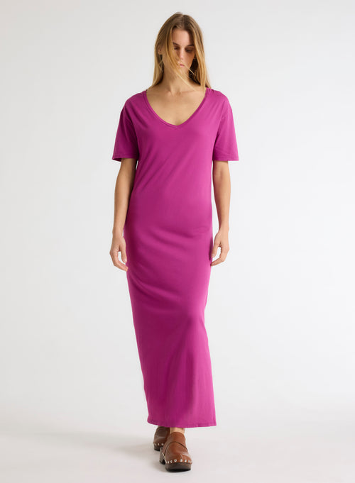 Robe Violet Col V Manches Courtes - MAJESTIC FILATURES