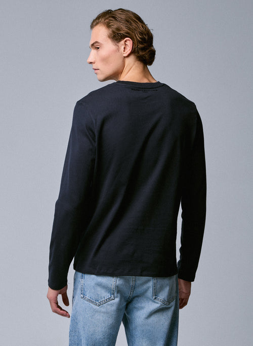Marineblaues T-Shirt mit Rundhalsausschnitt und langen Ärmeln aus Bio-Baumwolle - MAJESTIC FILATURES