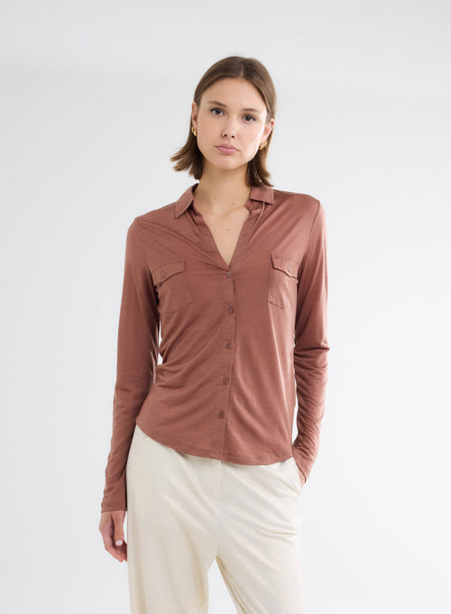 Chemise Marron Manches Longues en Lyocell et Laine - MAJESTIC FILATURES