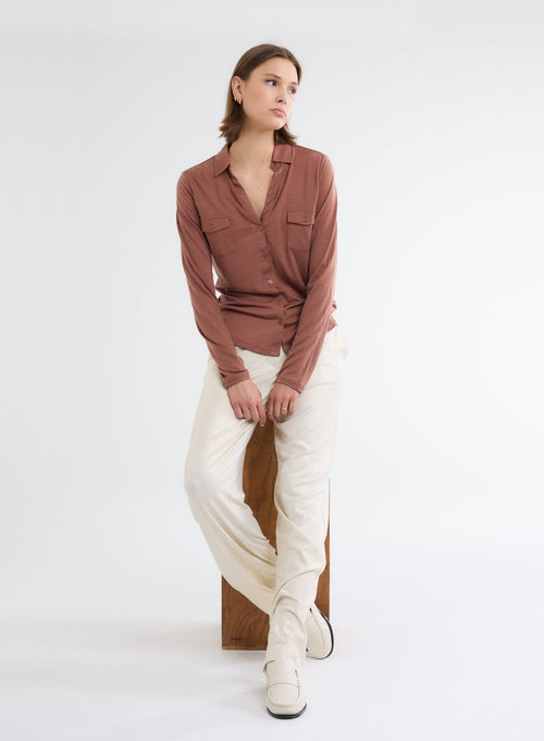 Chemise Marron Manches Longues en Lyocell et Laine - MAJESTIC FILATURES