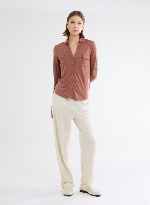 Chemise Marron Manches Longues en Lyocell et Laine - MAJESTIC FILATURES