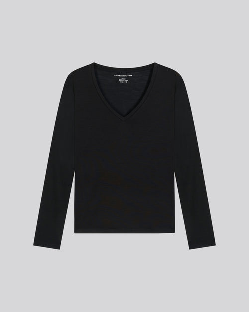 Schwarzes Langarm-T-Shirt mit V-Ausschnitt aus Lyocel / Schurwolle - MAJESTIC FILATURES