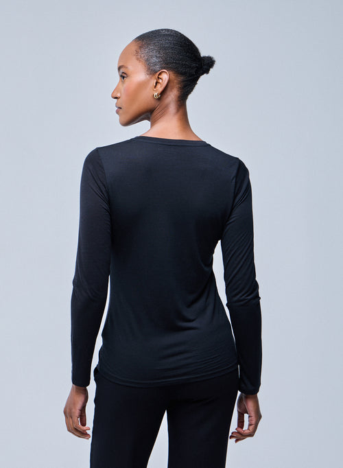 Schwarzes Langarm-T-Shirt mit V-Ausschnitt aus Lyocel / Schurwolle - MAJESTIC FILATURES