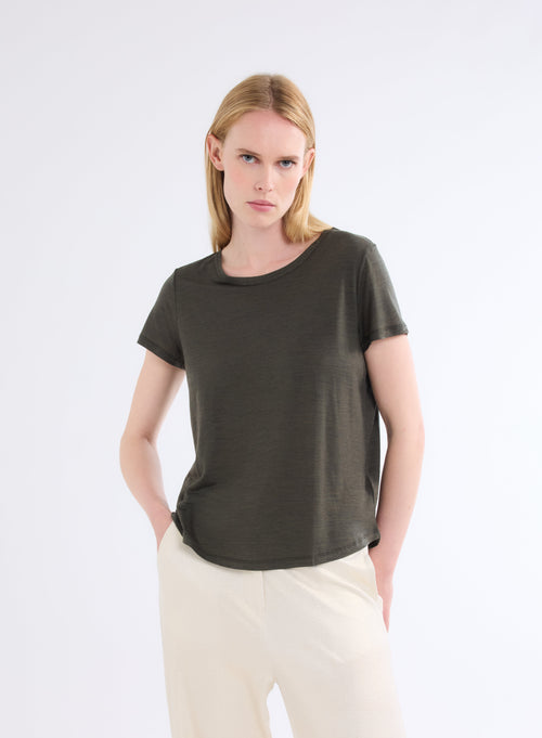 T-shirt Vert Col Rond Manches Courtes en Lyocel et Laine - MAJESTIC FILATURES