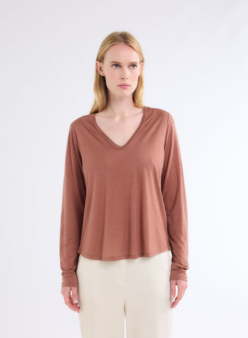 T-shirt Marron Col V Manches Longues en Lyocell et Laine - MAJESTIC FILATURES