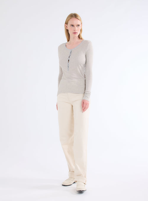 T-shirt Gris / Beige Col U Manches Longues en Viscose - MAJESTIC FILATURES