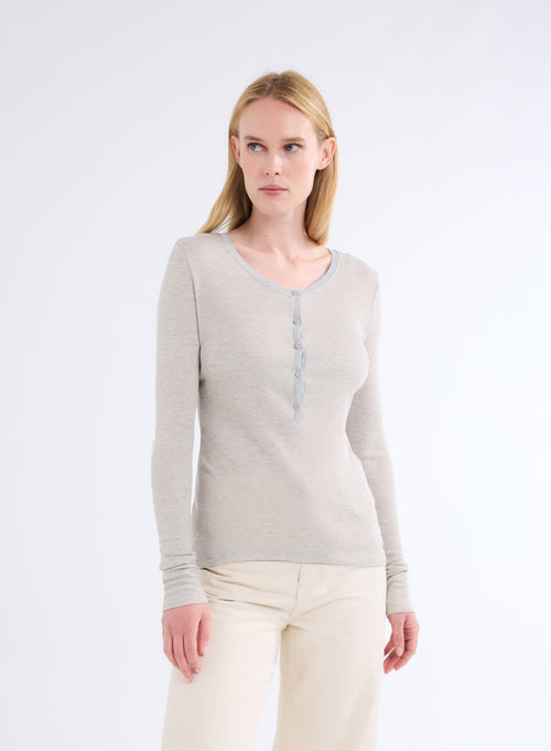 T-shirt Gris / Beige Col U Manches Longues en Viscose - MAJESTIC FILATURES