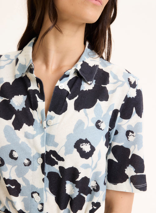 Robe Bleue Col Chemise Manches Courtes en Coton organique / Lin - MAJESTIC FILATURES