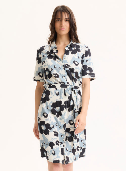 Robe Bleue Col Chemise Manches Courtes en Coton organique / Lin - MAJESTIC FILATURES