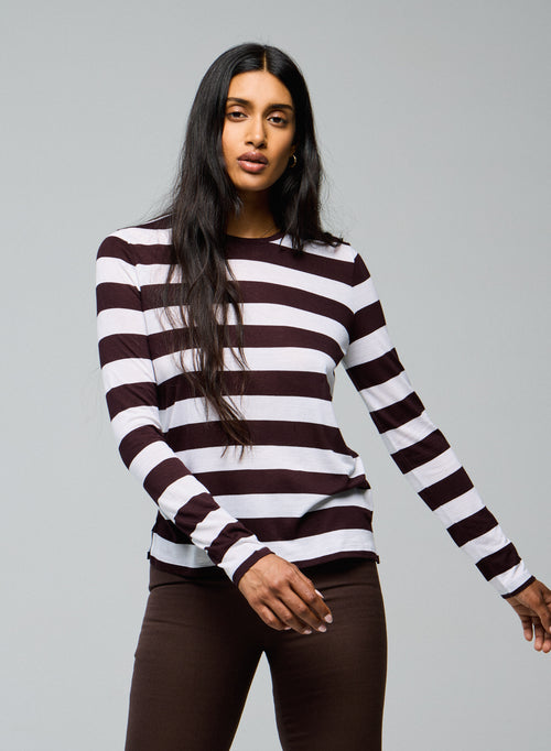 T-shirt Blanc / Aubergine Col Rond Manches Longues en Viscose / Cachemire - MAJESTIC FILATURES