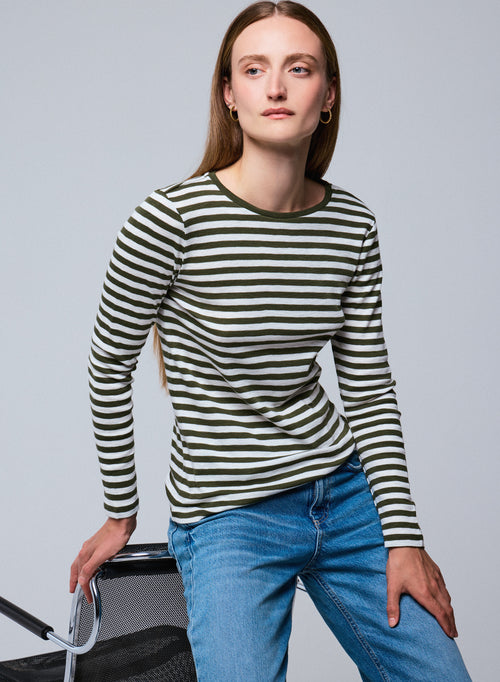 Grün / Weißes Langarm-T-Shirt mit V-Ausschnitt aus Bio-Baumwolle - MAJESTIC FILATURES
