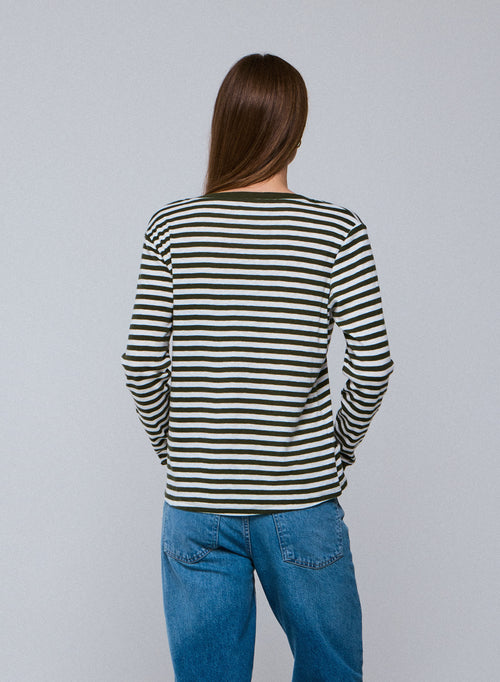 Grün / Weißes Langarm-T-Shirt mit V-Ausschnitt aus Bio-Baumwolle - MAJESTIC FILATURES
