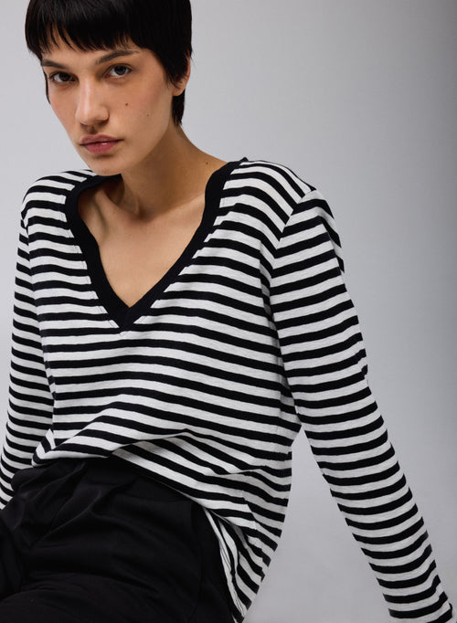 T-shirt Marinière Noir / Beige Col V Manches Longues en Coton organique - MAJESTIC FILATURES