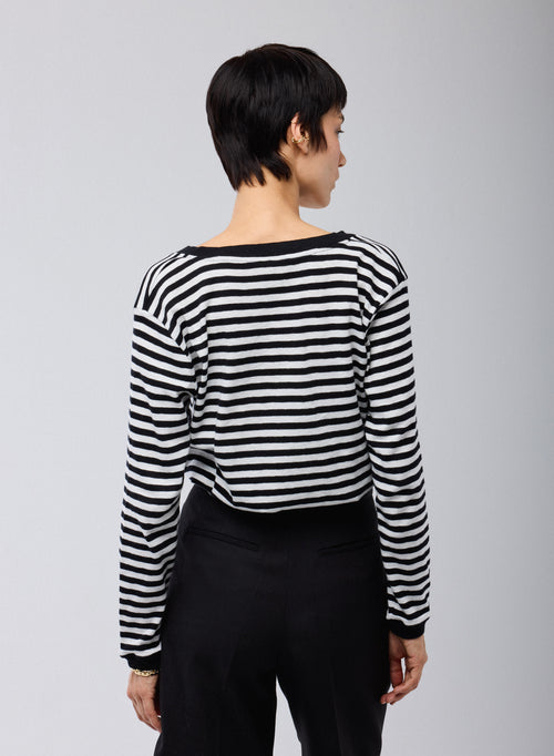 T-shirt Marinière Noir / Beige Col V Manches Longues en Coton organique - MAJESTIC FILATURES