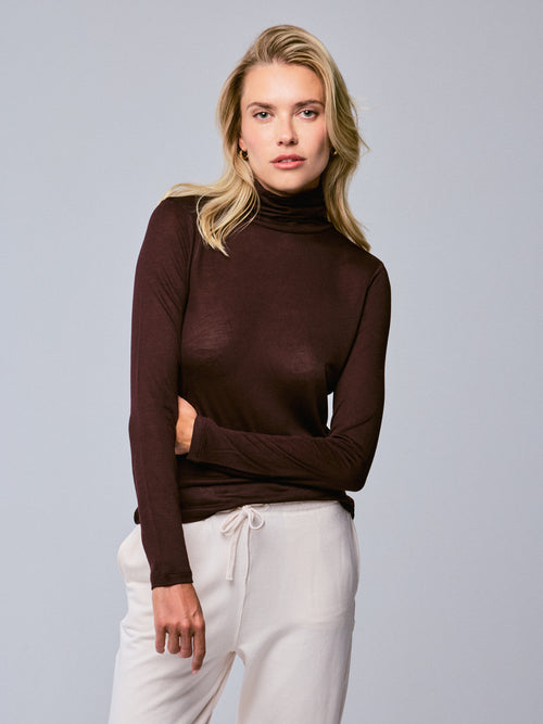 T-shirt Violet Col Roulé Manches Longues en Viscose / Cachemire - MAJESTIC FILATURES