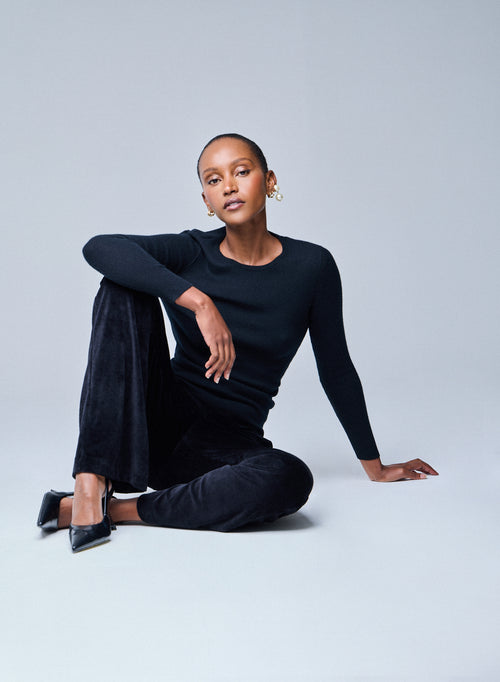 Schwarzes langärmeliges Kaschmir-T-Shirt mit Rundhalsausschnitt - MAJESTIC FILATURES