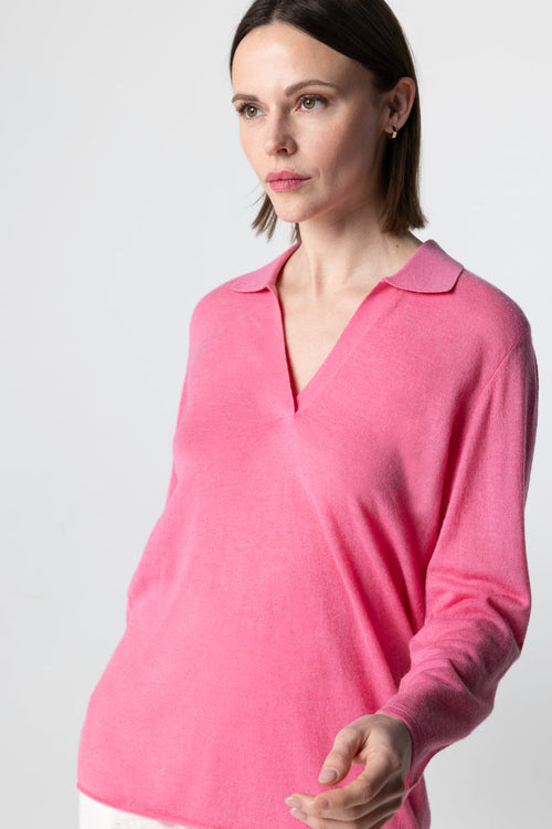 Polo Rose Manches Trois quarts en Cachemire - MAJESTIC FILATURES