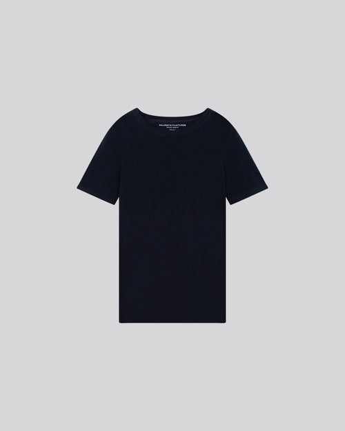 Marineblaues Kaschmir-T-Shirt mit Rundhalsausschnitt und kurzen Ärmeln - MAJESTIC FILATURES