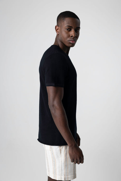 T-shirt Noir Col Rond Manches Courtes en Cachemire - MAJESTIC FILATURES