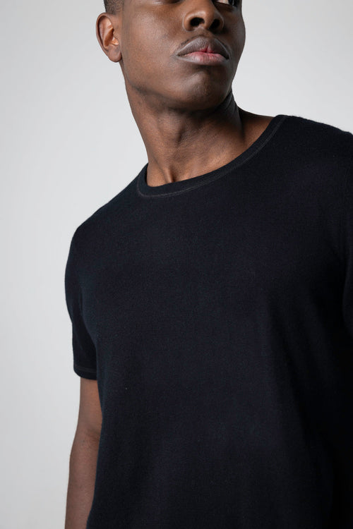 T-shirt Noir Col Rond Manches Courtes en Cachemire - MAJESTIC FILATURES